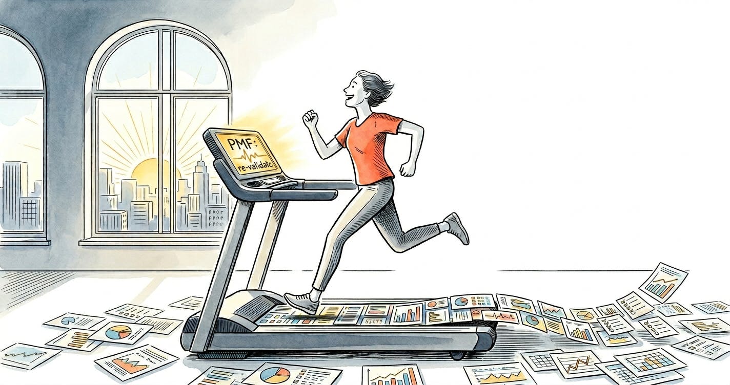 Product-market fit as a treadmill surrounded by charts